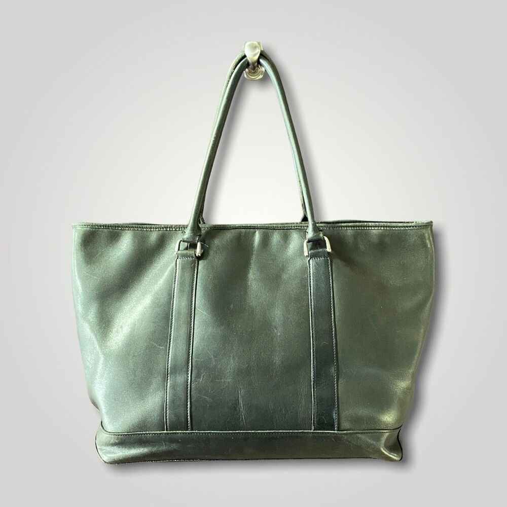 L.L. Bean Large Town & Field Leather Tote Green Animal Print Lining - Picture 2 of 9